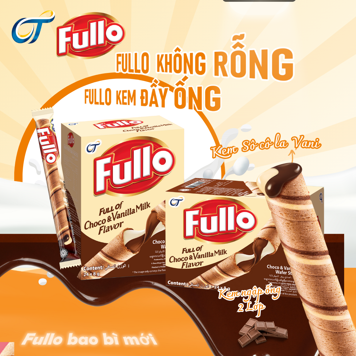 Combo 4 Hộp bánh quế Fullo (4 vị Socola + Vani + Socola vani + Socola Dâu - 1 hộp/ 24 cây)
