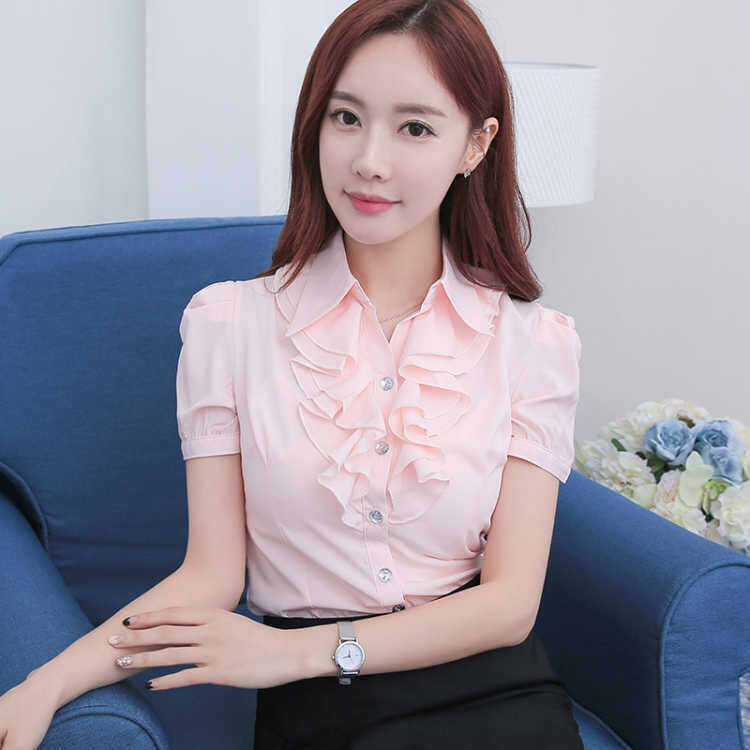 Áo Sơ Mi Ngắn Tay Không Cổ Màu Trắng Phong Cách Hàn Quốc Cho Phụ Nữ Có Xù Slim-fit Chuyên Nghiệp Công Sở Thường Ngày Hàng Đầu