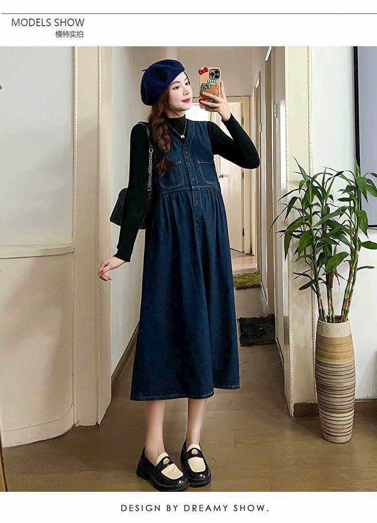 Set yếm jean bầu kèm áo công sở thu đông siêu xinh