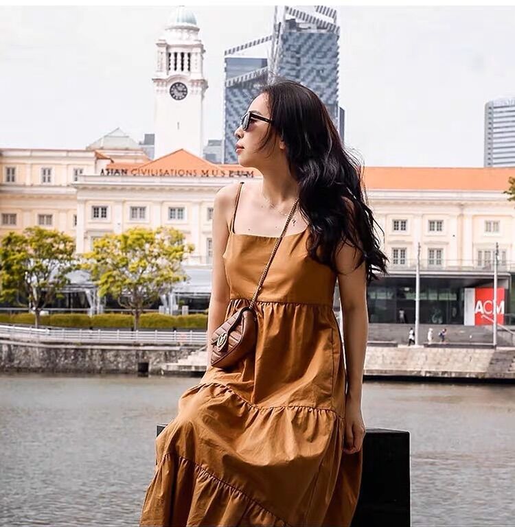Đầm Zara 2 dây nâu maxi cực tây