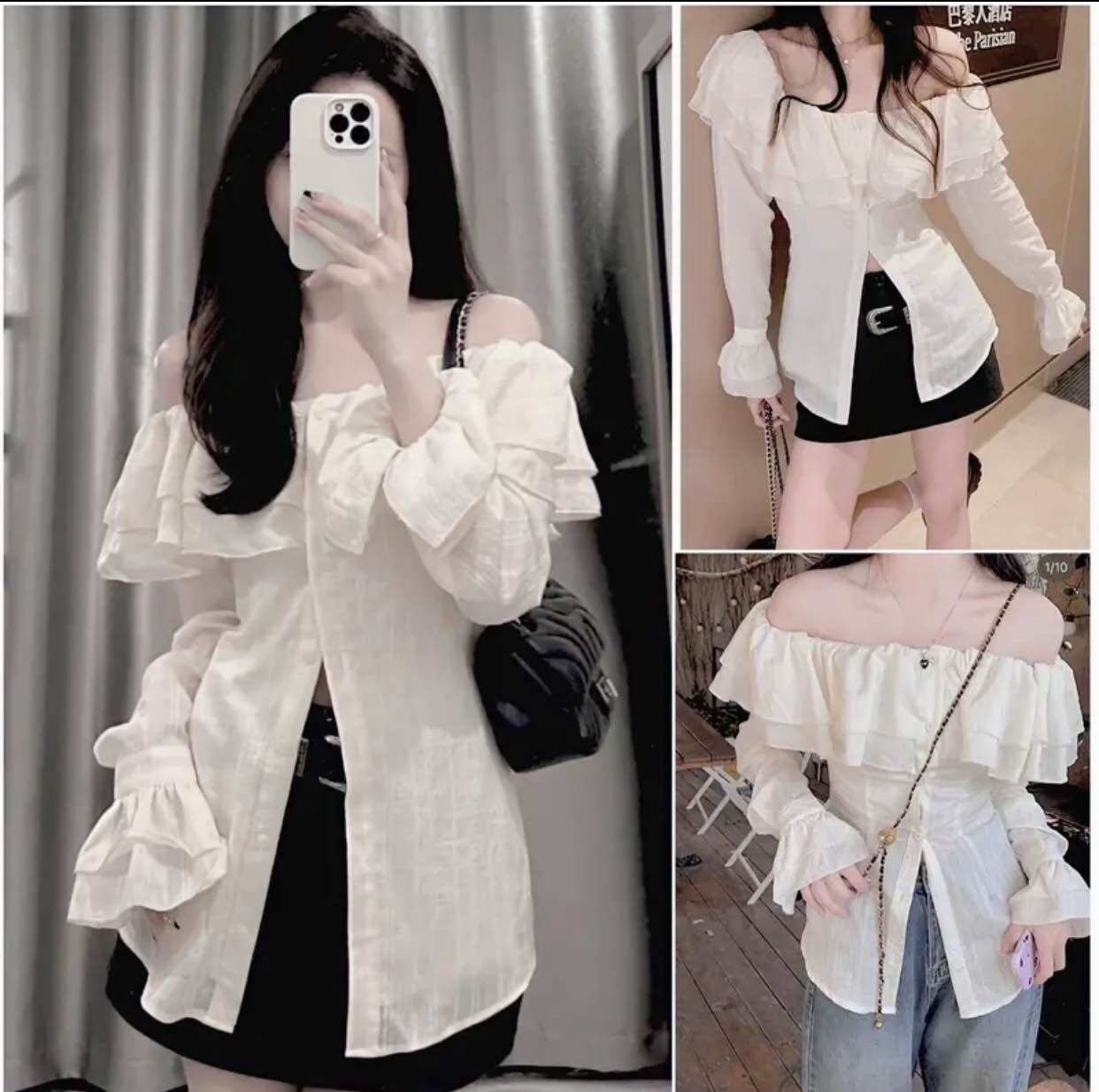 Áo sơ mi trễ vai bèo tay loe