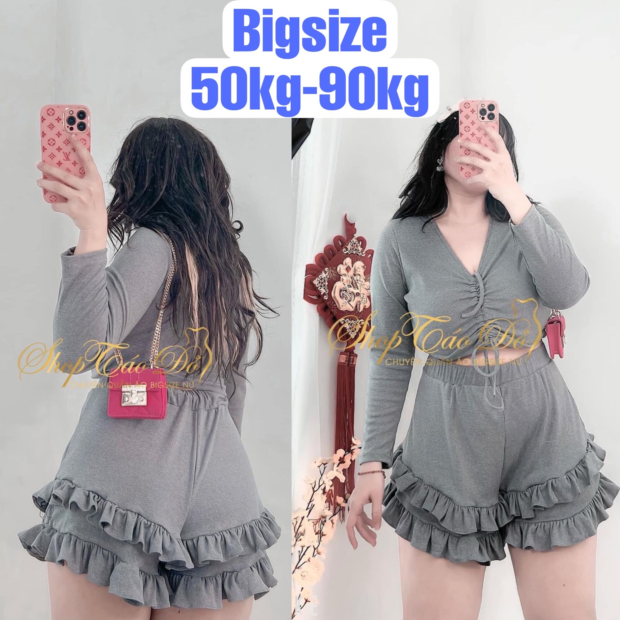 (Shop Táo Đỏ Bigsize 50kg-90kg) Set áo croptop mix quân viền bèo - màu xám/ đen - phong cách trẻ trung, ngọt ngào, điệu đà