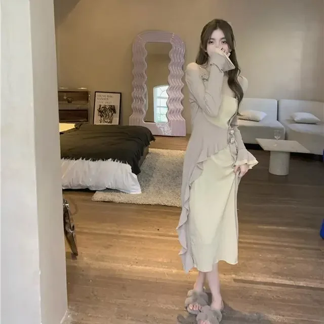 Đầm Dài Trễ Bên Vai Nữ Tính Phong Cách Tiểu Thư