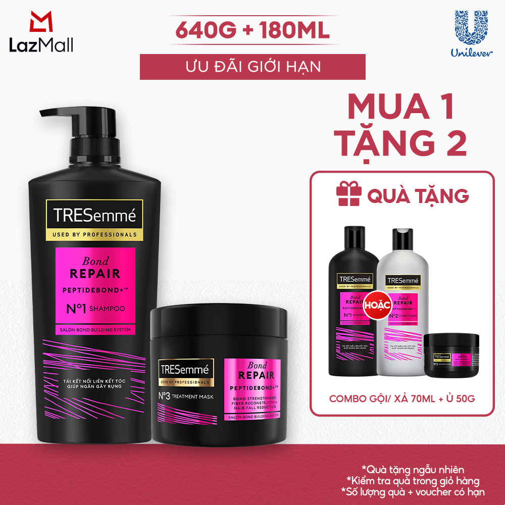 Combo Dầu Gội, Kem Ủ TRESemmé Bond Repair Peptidebond+ Cho Tóc Hư Tổn Do Tạo Kiểu, Giúp Ngăn Gãy Rụng 640g, 180ml