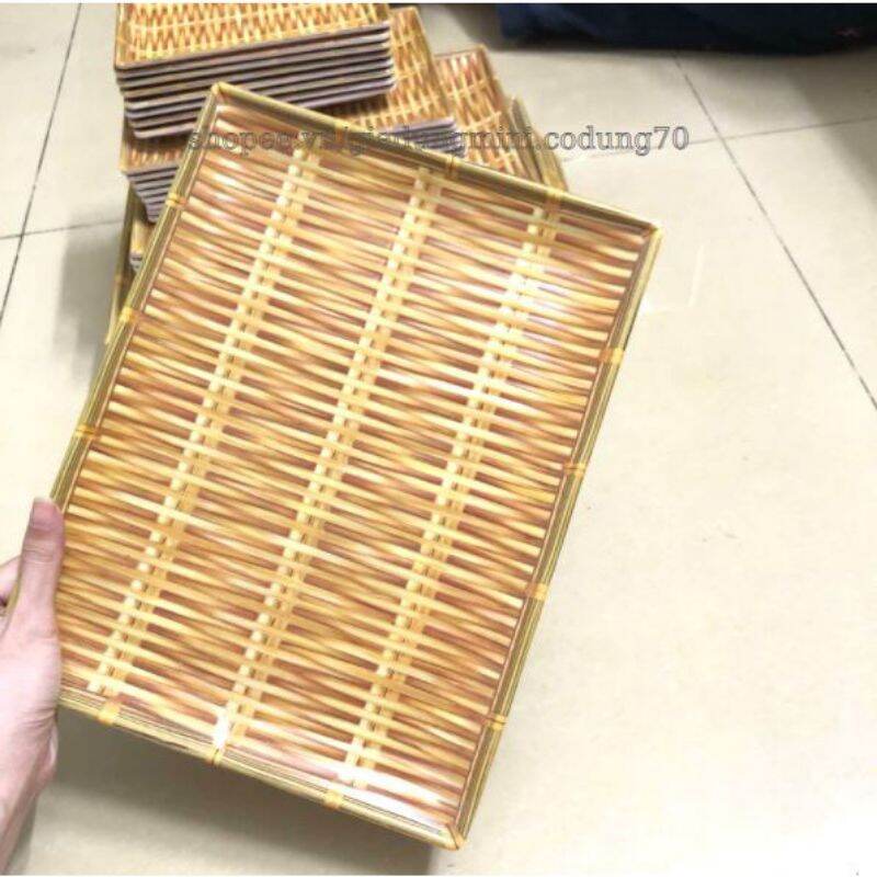 Đĩa nhựa giả mây tre hình chữ nhật 25x19cm, dĩa nhựa phip đựng đồ ăn vặt
