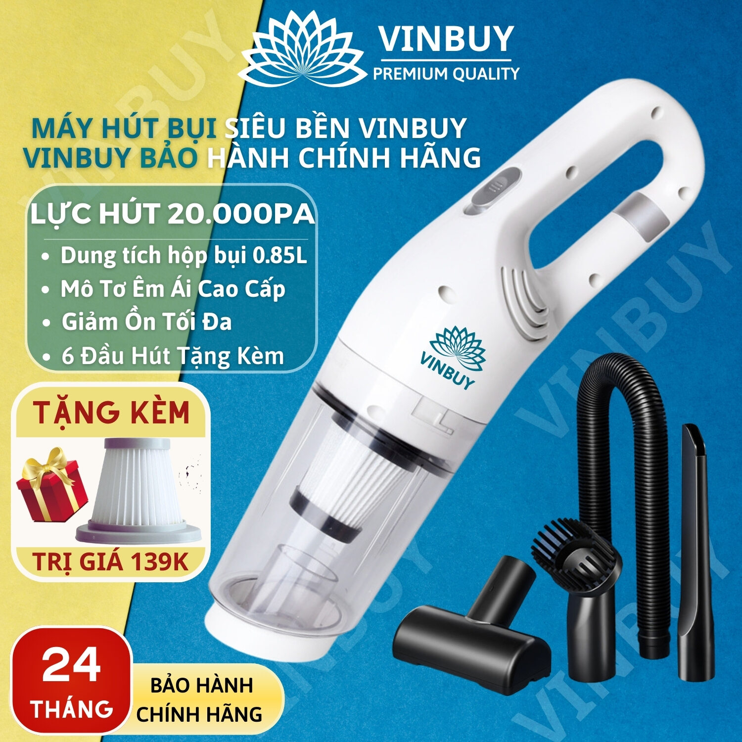 Máy hút bụi cầm tay không dây VINBUY sử dụng pin sạc, vacuum cleaner đa năng công suất mạnh 20000PA, hút bụi khô và ướt - Hàng chính hãng