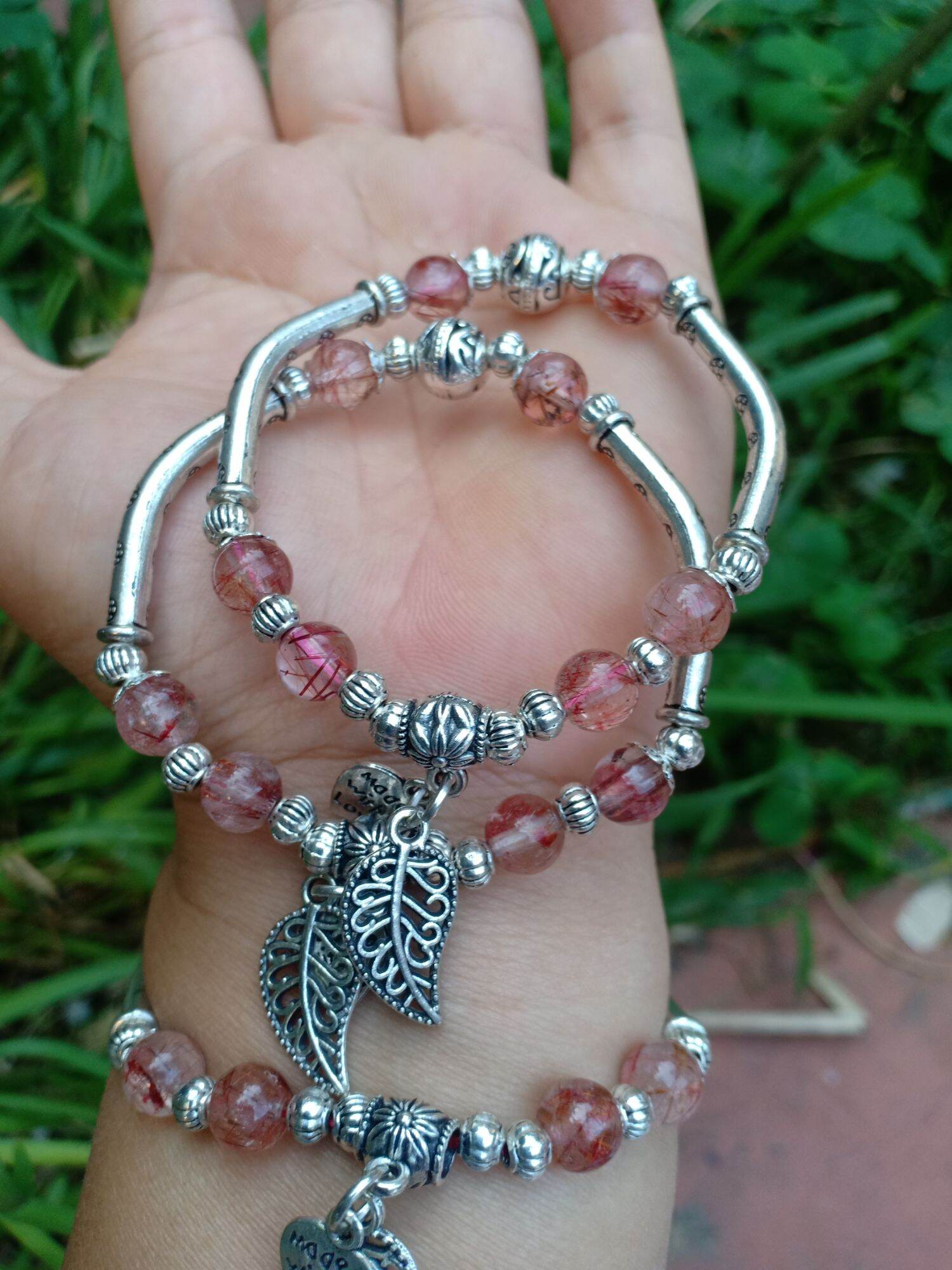 Lắc Tay Charm Bạc Thái Mix Đá Thạch Anh Tóc Đỏ Tự Nhiên