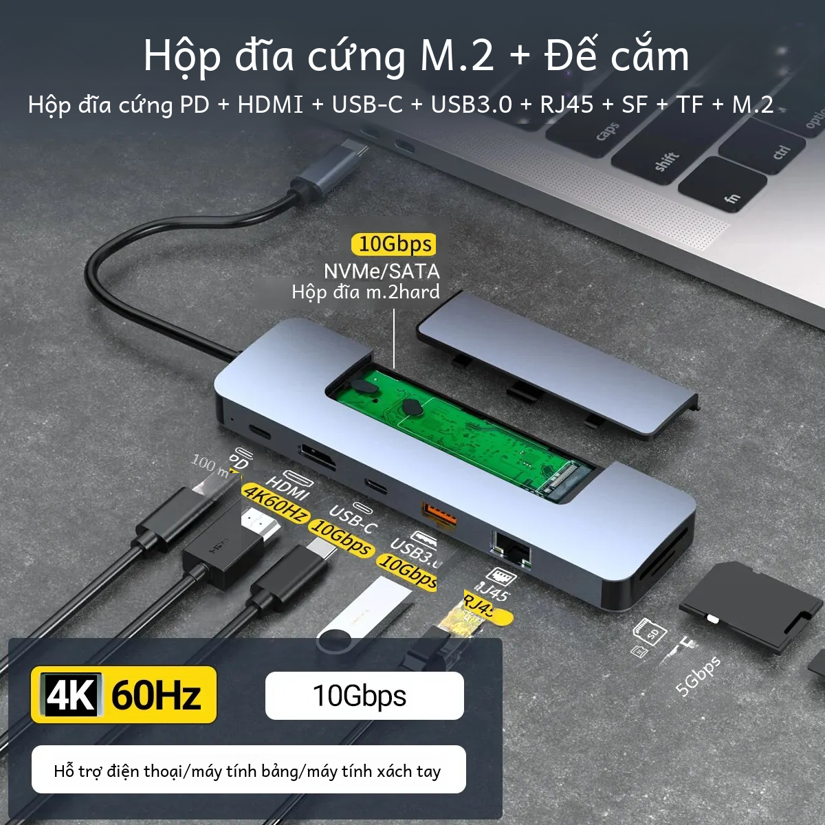 Hub USB-C 8 Trong 1 Với Vỏ M.2 Ssd Nvme Sata 4K HD Pd 100W USB 3.0 Rj45 1000M Đầu Đọc Sd/TF Cho Laptop Mac HP