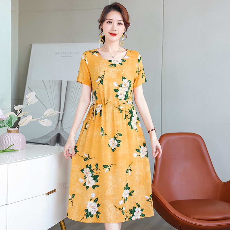 Trang Phục Mùa Hè Cho Mẹ TRUNG NIÊN Váy Liền Thân Lụa Cotton Váy Dài Tôn Dáng Gầy Khí Chất Cỡ Lớn Kiểu Tây Cao Cấp Mẫu Mới 2022 Cho Nữ