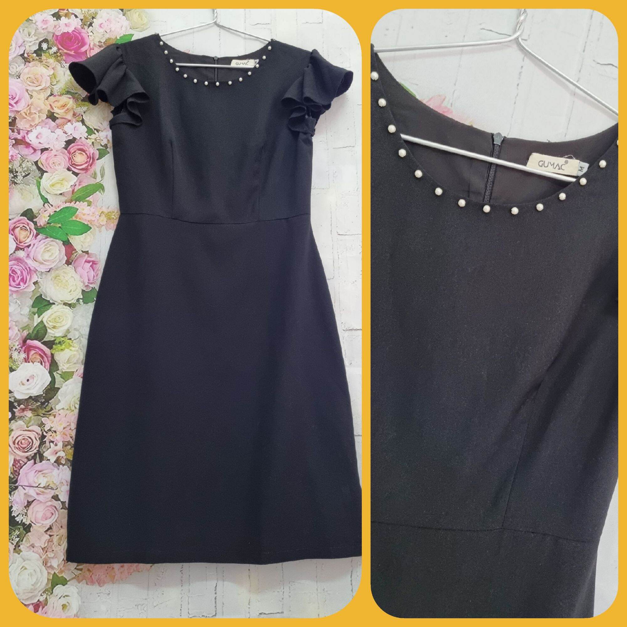 Thanh lý tủ đồ - đầm gumac đen cổ tròn đính cúc ngọc trai size m