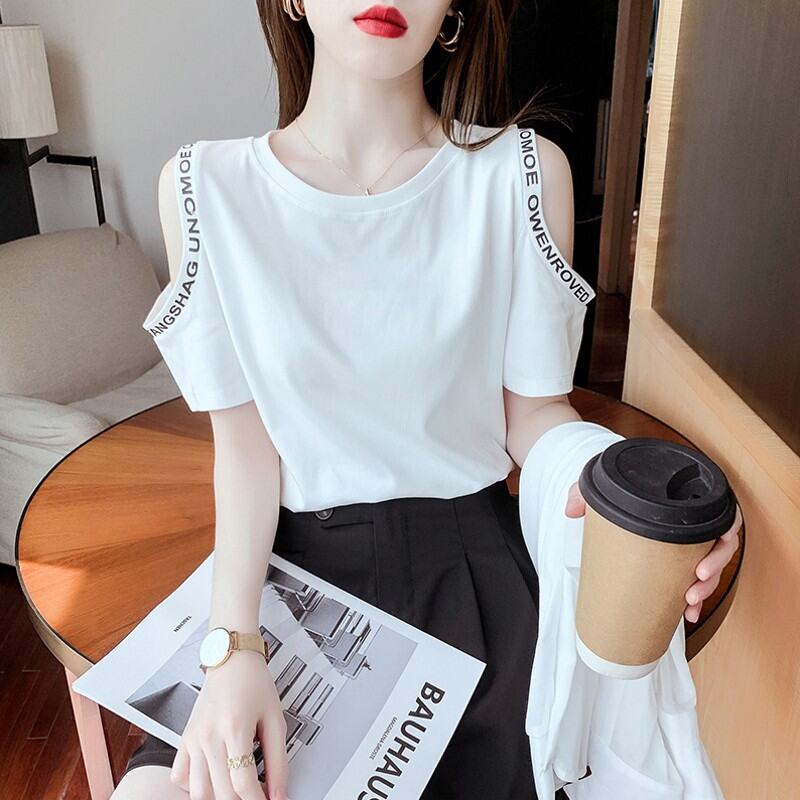 Áo Thun 2023 Cotton Áo Tay Lửng Hở Vai Thiểu Số Cảm Giác Thiết Kế Tôn Dáng Gầy Dễ Phối Mùa Hè Mẫu Mới Cho Nữ