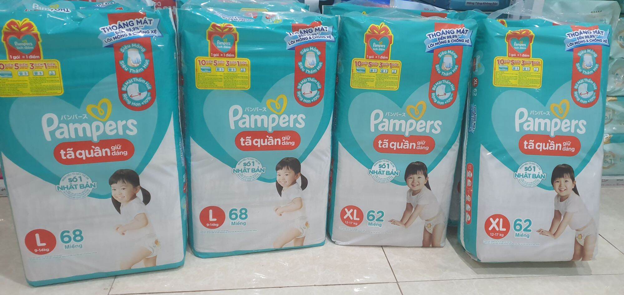 Tã Bỉm pamper quần siêu đại M74/L68/XL62/xxl56 m60,L54,xl48, xxl44