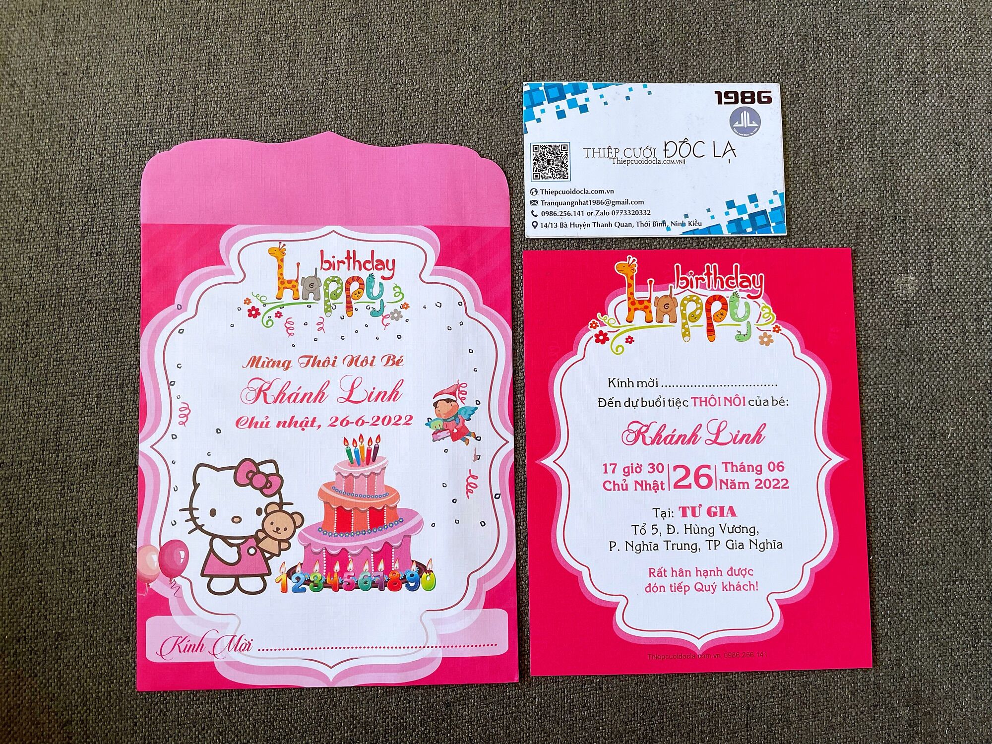 Combo 60 - Thiệp Thôi nôi, Sinh nhật, Đầy tháng mèo kitty hồng