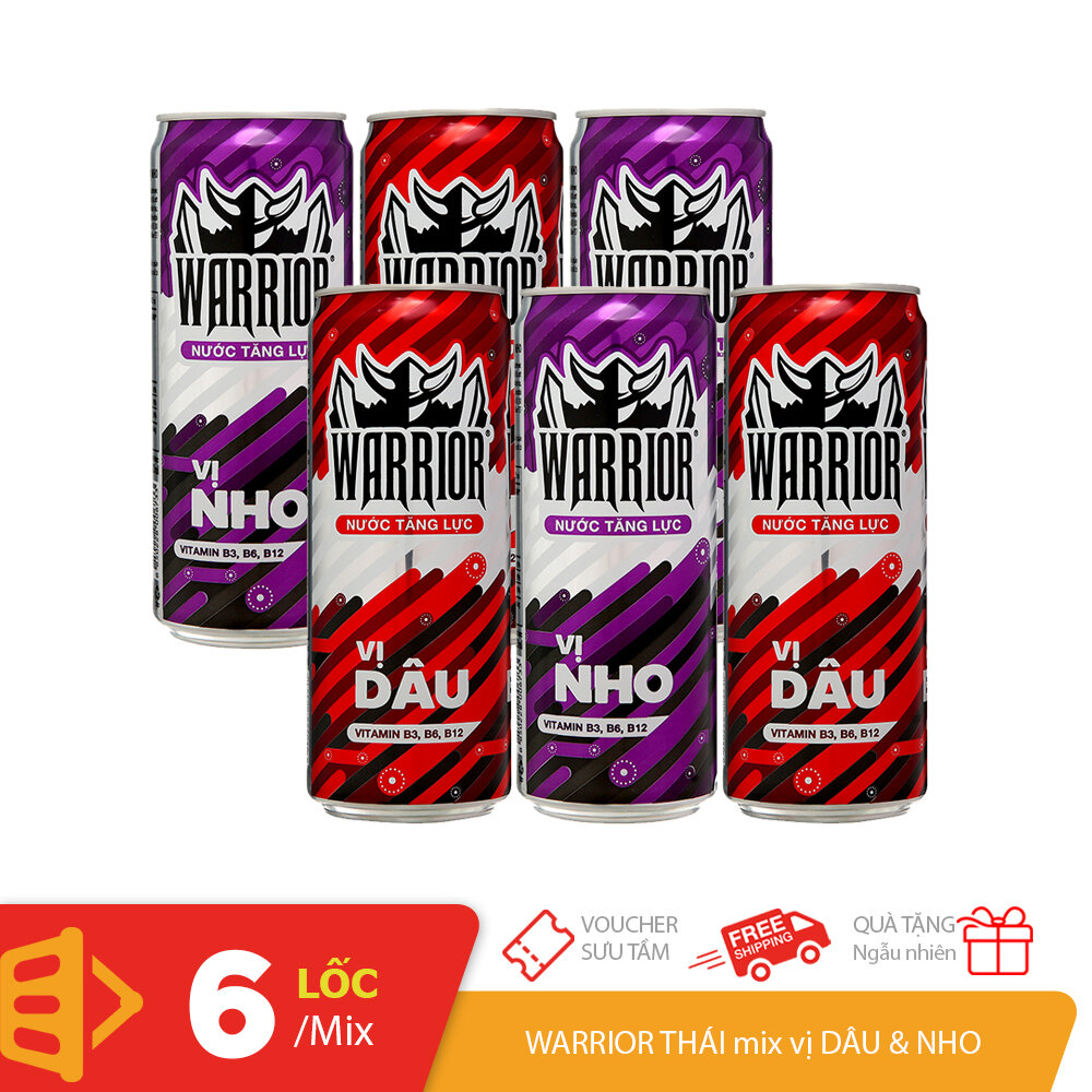 Combo mix 6 lon nước tăng lực Warrior vị DÂU vị NHO Thái Lan chính hãng