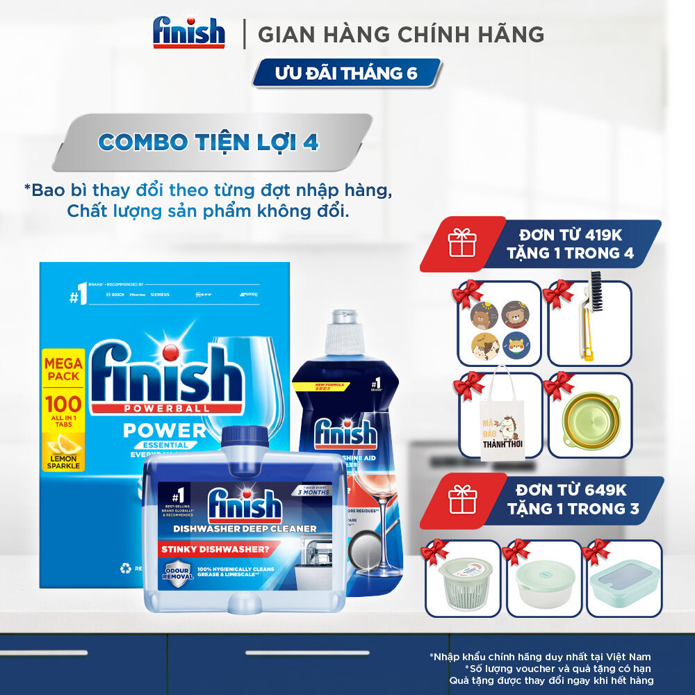 Combo Finish tiện lợi 4: Hộp 100 Viên Rửa Bát Finish Essential+ Nước Làm Bóng 500ml+ Dung Dịch Vệ Sinh Máy 250ml