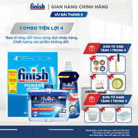Combo Finish tiện lợi 4: Hộp 100 Viên Rửa Bát Finish Essential+ Nước Làm Bóng 500ml+ Dung Dịch Vệ Sinh Máy 250ml