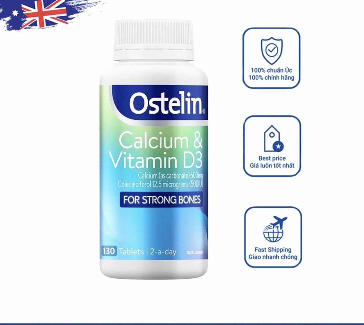 Canxi & vitamin d3 ostelin của úc, 130 viên
