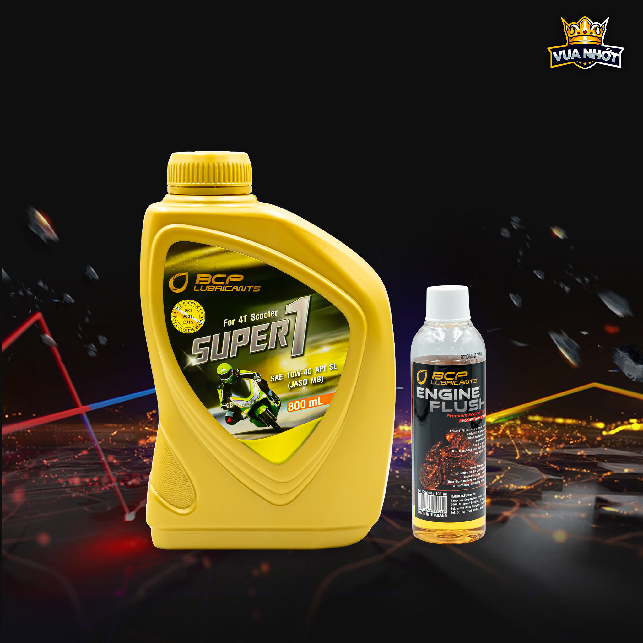 Nhớt xe máy tay ga BCP SUPER 1 SAE 10W40 API SL JASO MB, Chai 800ml - TẶNG 1 chai dung dịch súc rửa động cơ xe máy BCP Engine Flush 100ml (Nhập khẩu Thái Lan)