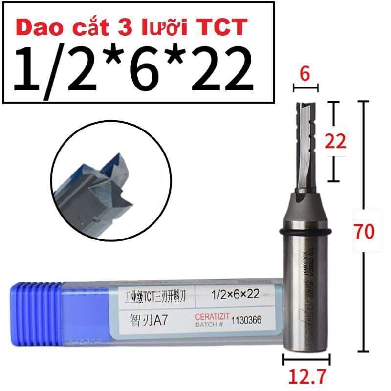 Mũi phay cnc, dao cắt cnc, dao phay 3 cánh cắt gỗ 1/2x6x22 tideway tct