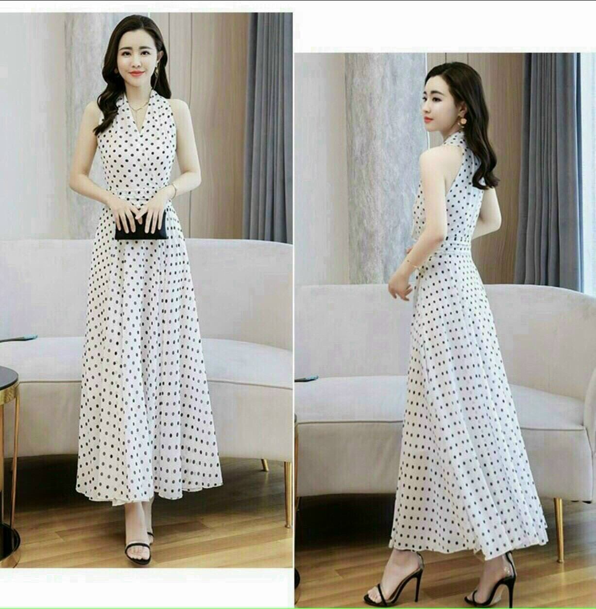 (Video thật) Đầm Maxi Lụa Chấm Bi Cổ V duyên dáng xinh
