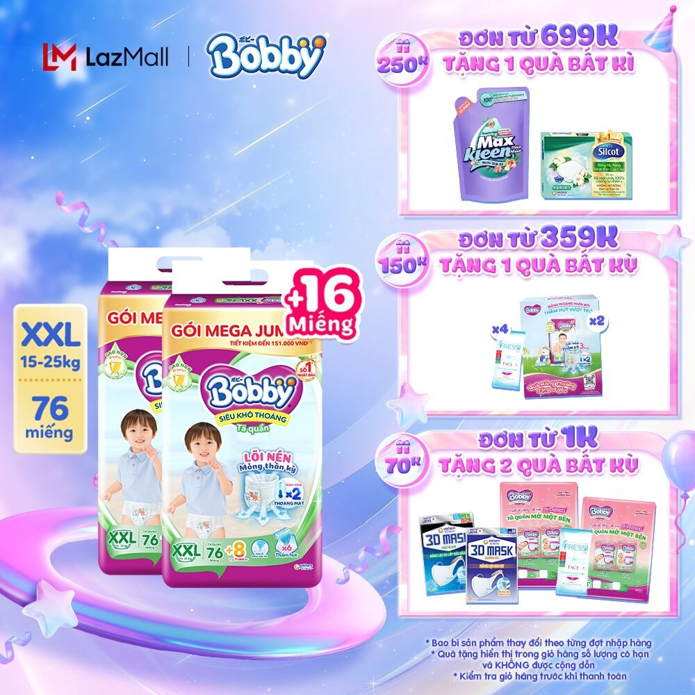 Combo 2 gói Tã quần Bobby Mega Jumbo Gạo non 3mm  M112/L96/XL84/XXL76