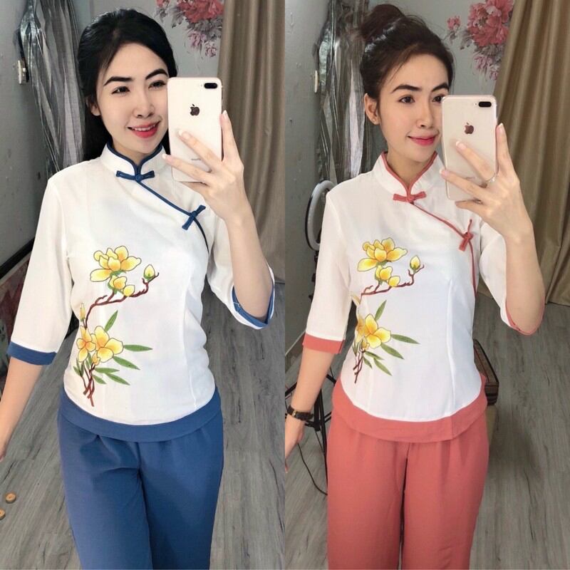 đồ lam đi chùa – mẫu đũi thêu hoa mai