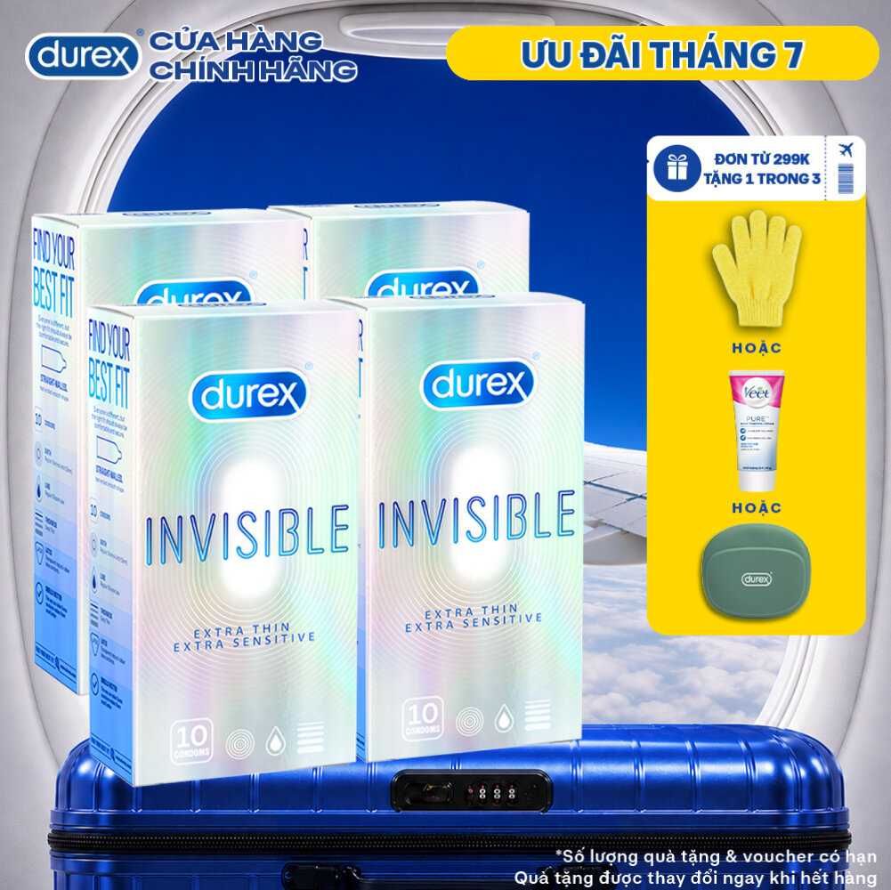 Bộ 4 hộp bao cao su Durex Invisible siêu mỏng, size 52mm, hộp 10 bao
