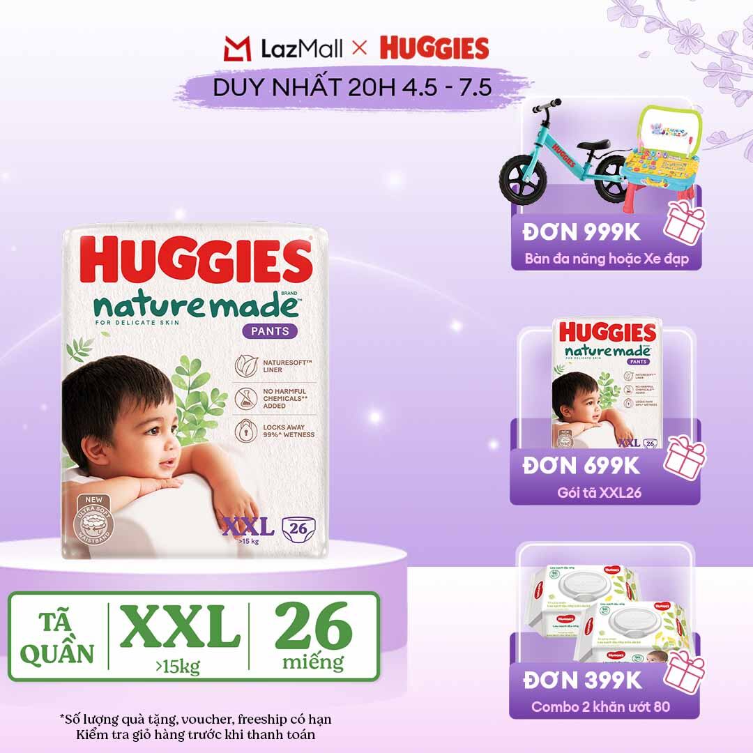 [CHỈ 20h 04-07.05 QUÀ TẶNG ĐƠN 399K](Mua 1 tặng 1) Tã/Bỉm quần HUGGIES PLATINUM NatureMade XXL26 (Trên 15kg)-Gói Jumbo 26 miếng