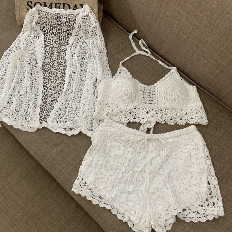 05-set bikini ren đi biển-bộ bơi 3 chi tiết có bán rời