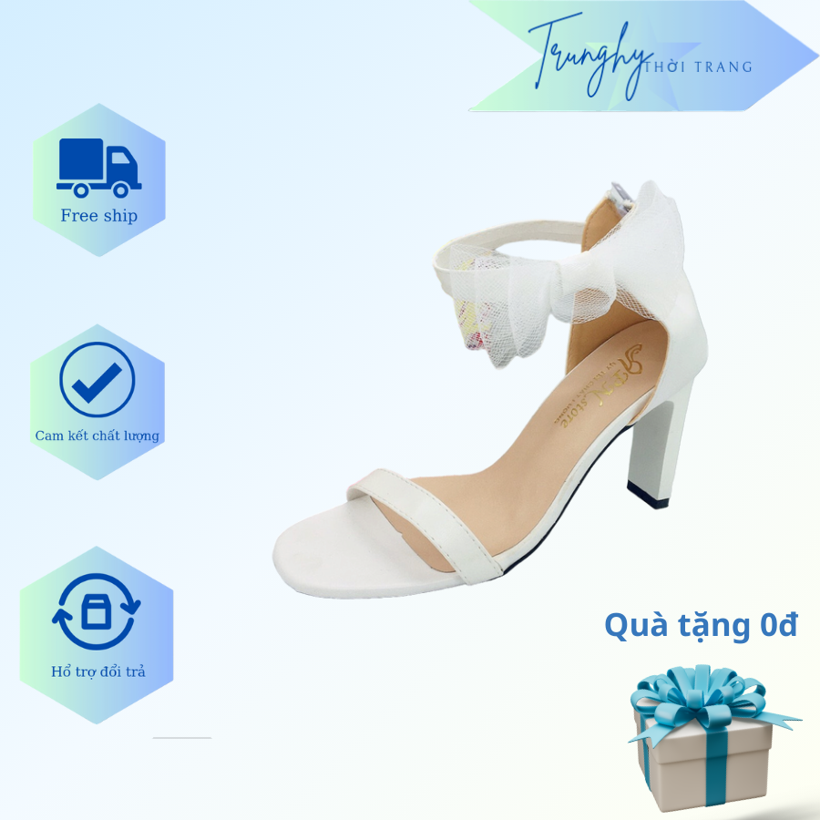 Giày cao gót nữ 9 phân cô dâu, cao gót đính nơ lưới kiểu khoá kéo sau sang chảnh