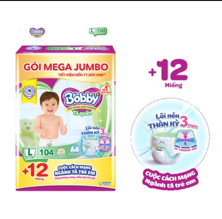 Tã quần Bobby Mega Jumbo L104 siêu tiết kiệm