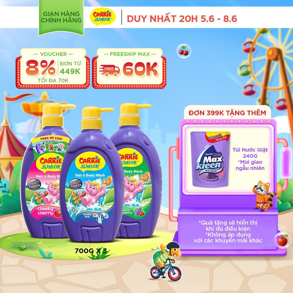 Combo 3 Sữa Tắm Gội cho bé Carrie Junior chiết xuất trái cây thiên nhiên (700g x 3): 1 Hương Grapeberry + 1 Hương Cherry + 1 Tinh Chất Sữa