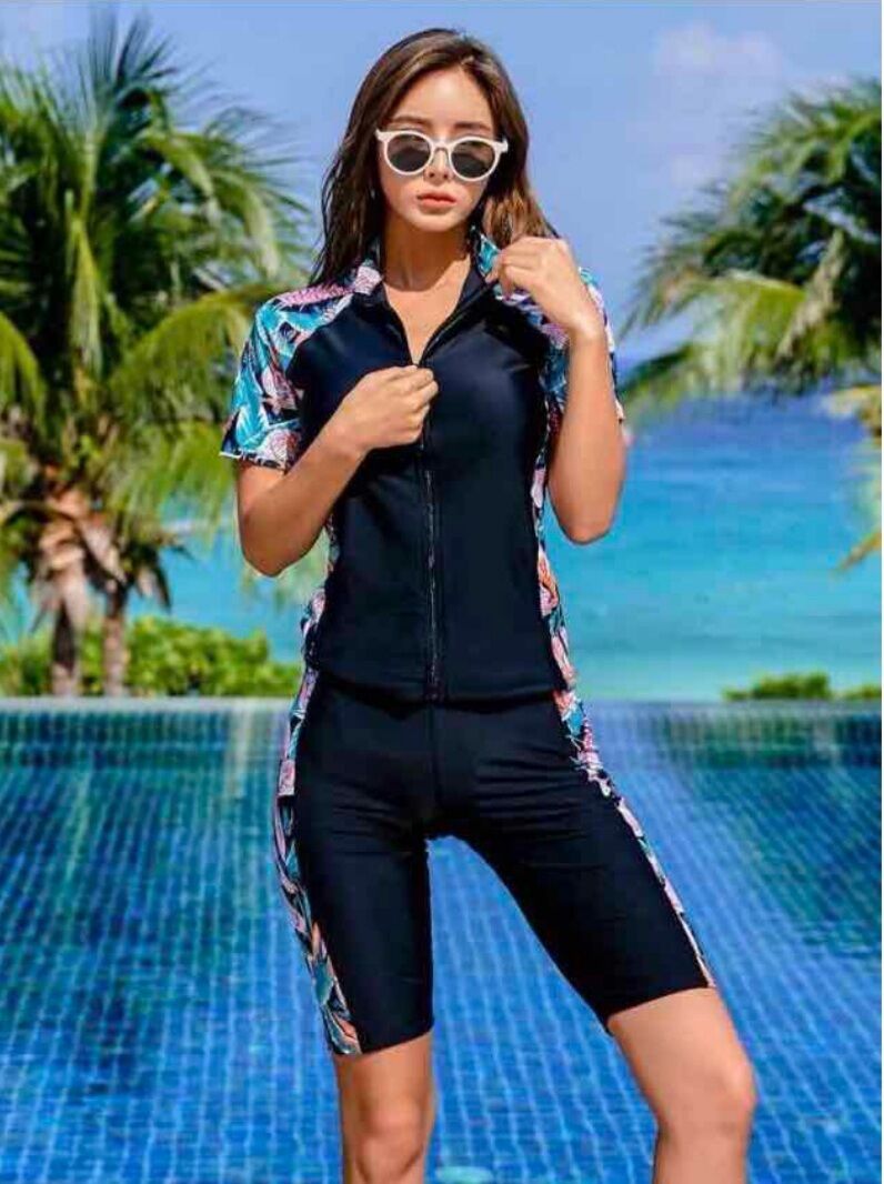Bộ bơi nữ áo tay ngắn sẵn mút ngực có khóa kéo kèm quần lững cạp cao,free size 40 đến 60 ký,hàng sẵn shop giao liền