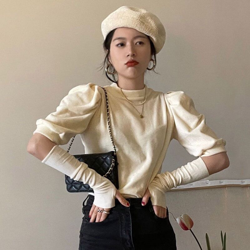 Áo nhung tay cộc nhún phồng