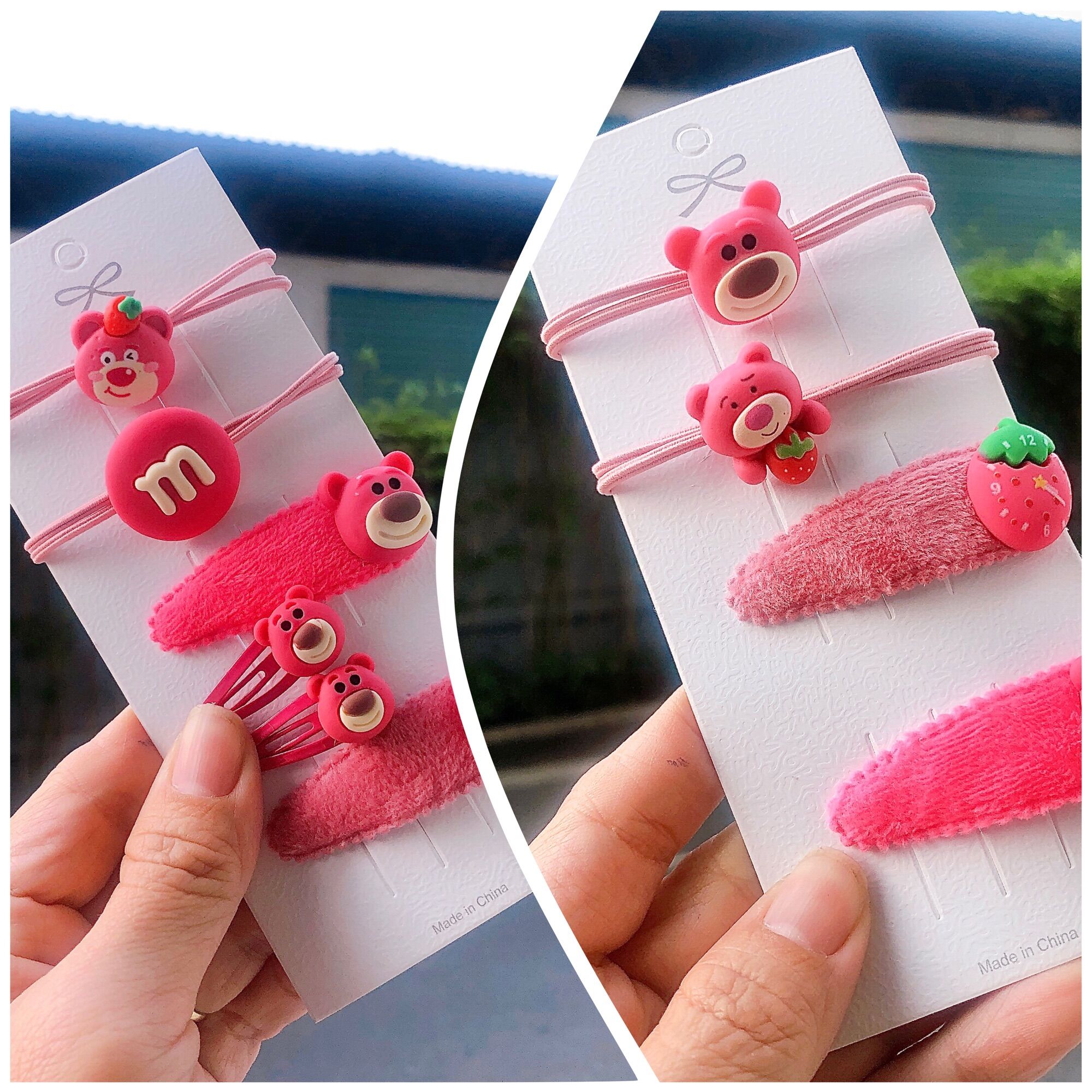 Set 4 món cột và kẹp tóc gấu dâu lotso