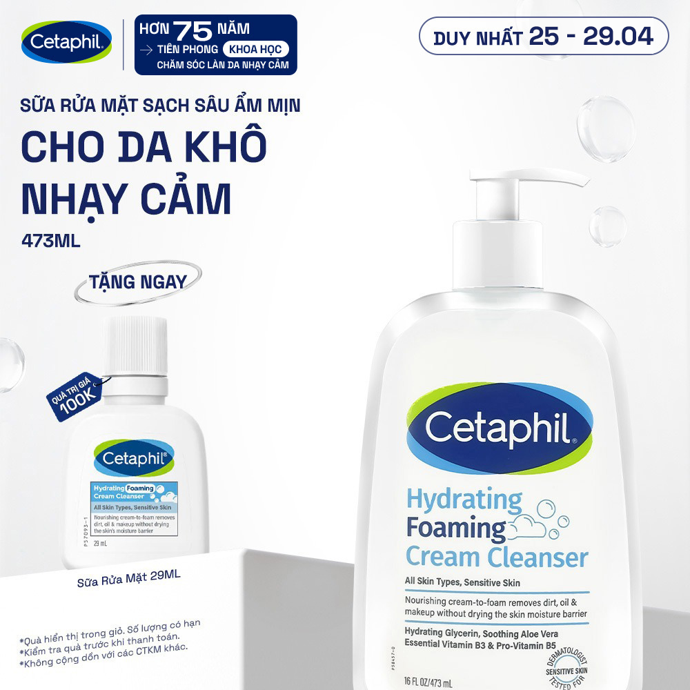 Sữa rửa mặt tạo bọt dịu lành cho da khô nhạy cảm Cetaphil Hydrating Foaming Cream Cleanser 473ml