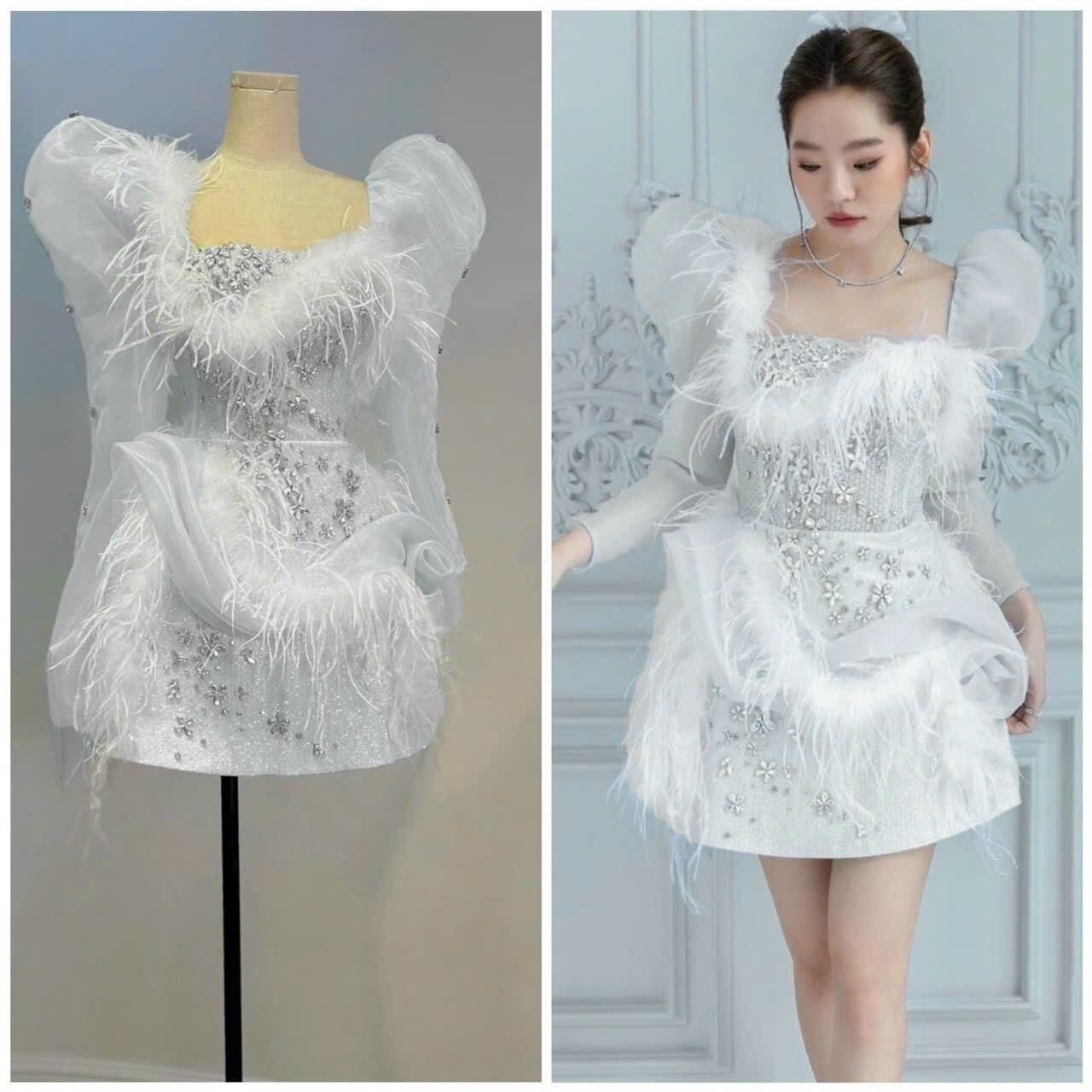ĐẦM TAY PHỒNG LÔNG VŨ ĐÍNH ĐÁ