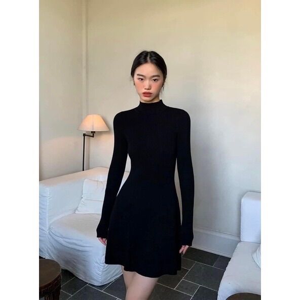 V102-Đầm cổ lọ tay dài dáng xoè Sam-collection⭐️Freeship