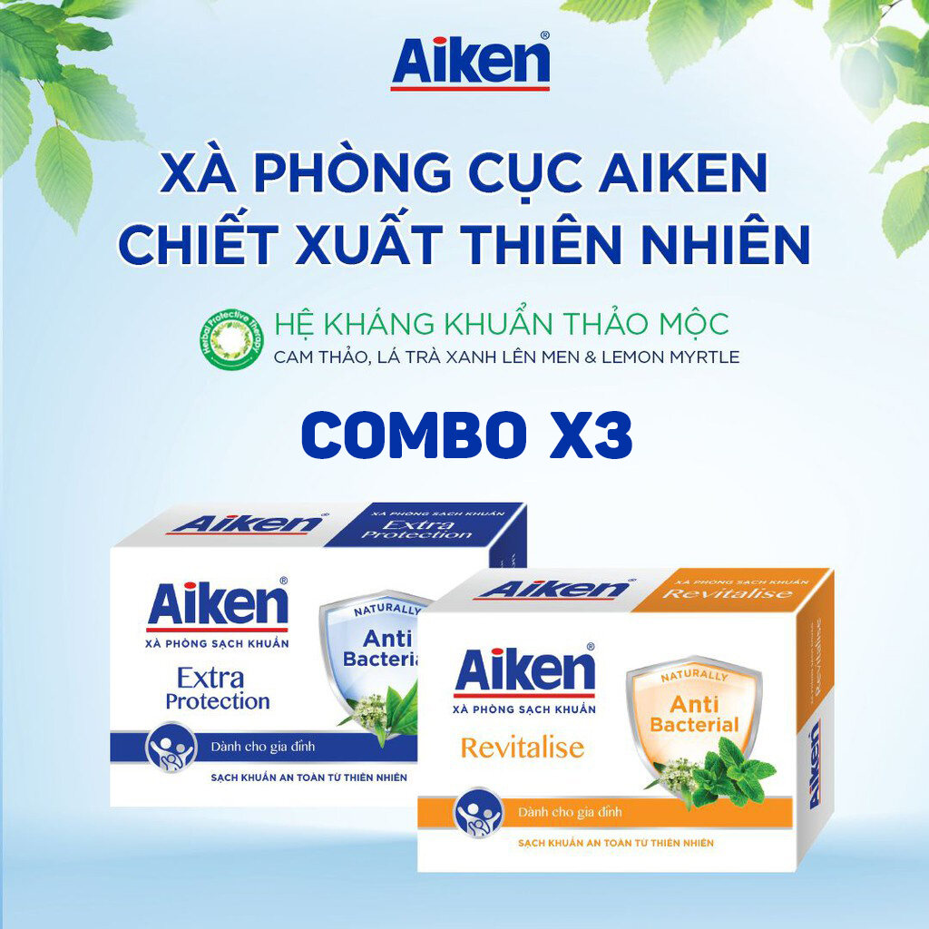 Combo 3 cục xà bông cục Aiken sạch khuẩn chiết xuất từ thiên nhiên 90gr