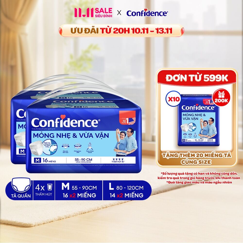 Combo 2 Tã quần người lớn CONFIDENCE SLIM&FIT size M/L gói 20/18/16 miếng