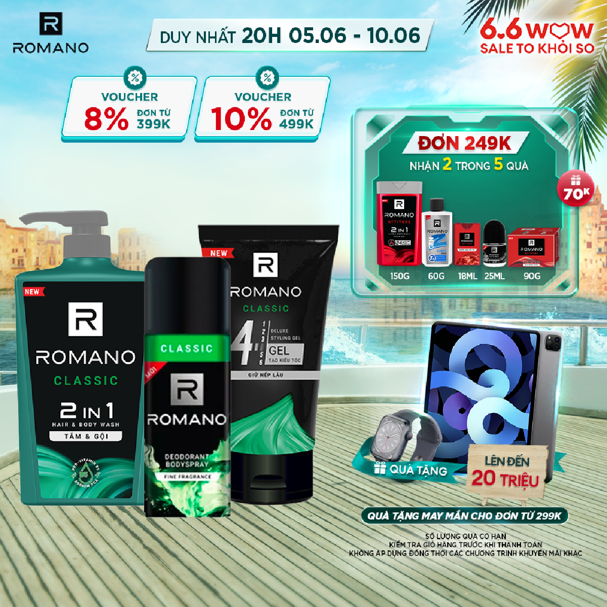 Combo romano classic gồm tắm gội 2trong1 650g, nước hoa 50ml và gel vuốt tóc 150g