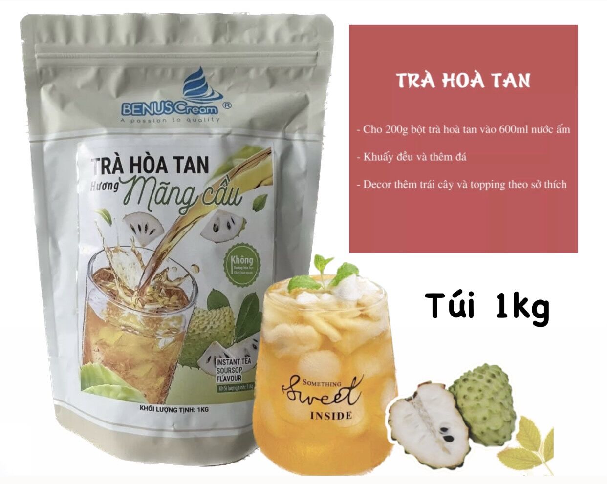 Trà Mãng Cầu, Măng Cụt hòa tan Benus Cream Túi 1kg - Dạng bột tan nhanh dùng trong pha chế
