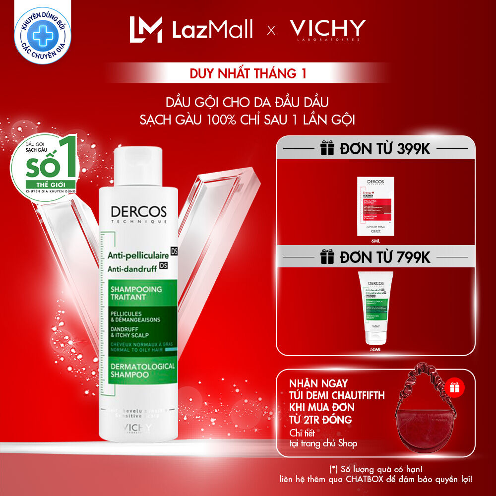  Dầu gội sạch gàu 100% chỉ sau 1 lần gội giúp sạch gàu dành cho da đầu dầu và ngứa Vichy Dercos Anti Dandruff 200ml 