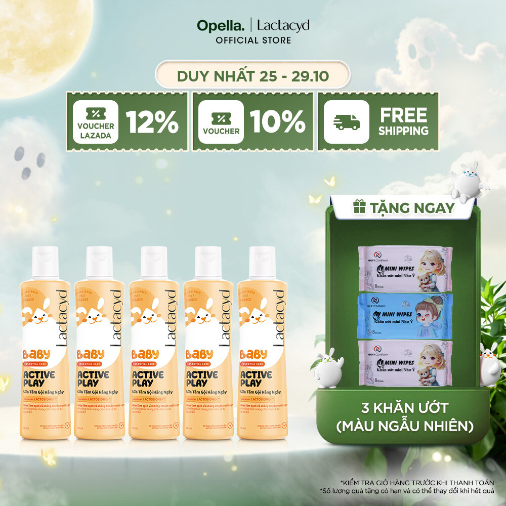 Bộ 5 chai Sữa Tắm Gội Hằng Ngày Cho Bé Lactacyd Baby Active Play, Giúp Đề Kháng Da Và Bảo Vệ Bé Khỏi Vi Khuẩn 250ml