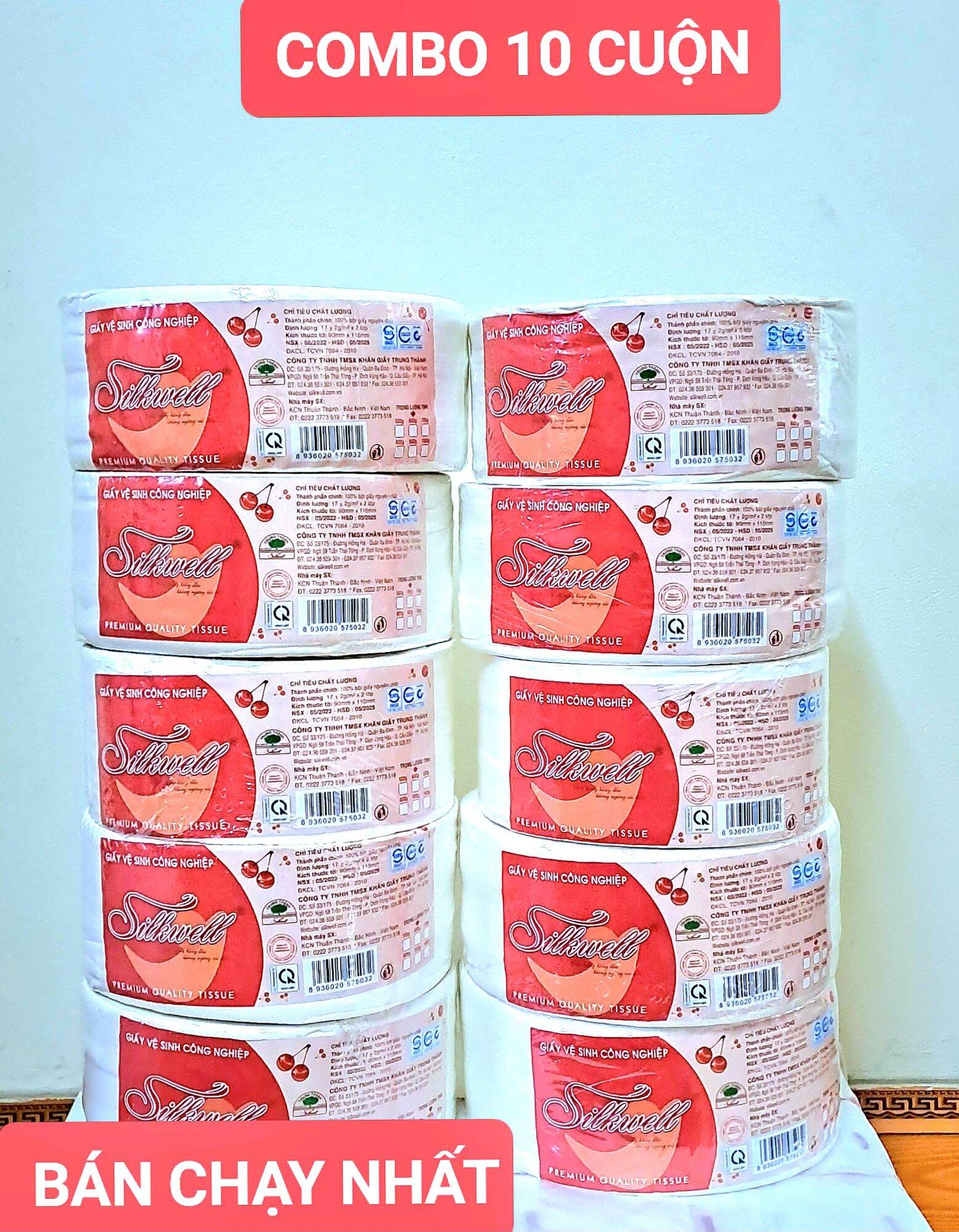 Combo 10 cuộn giấy vệ sinh công nghiệp cuộn lớn Silkwell 500g 2 lớp mềm mại chính hãng