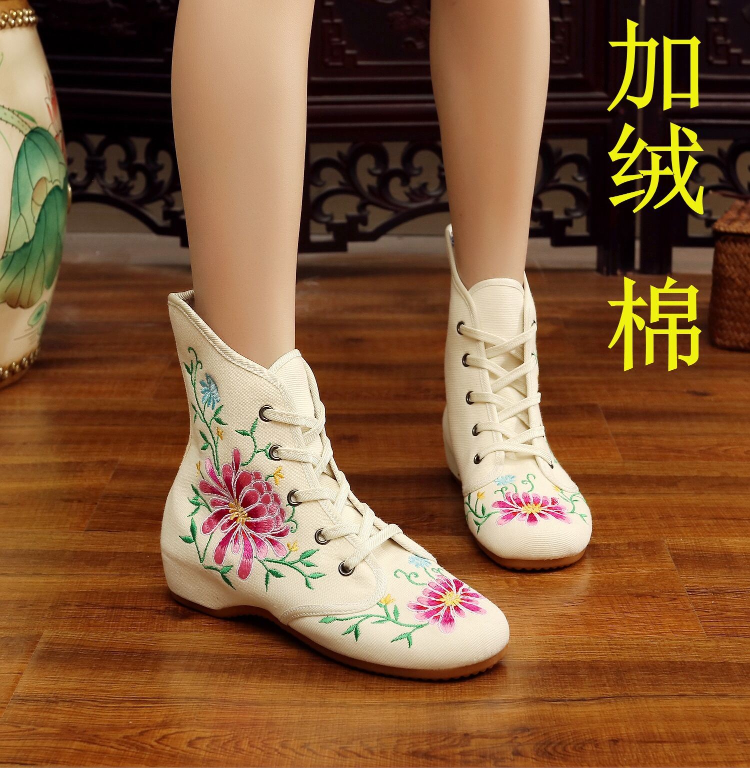 Giày Vải Bắc Kinh Cổ, Giày Thêu Hoa Độn Đế Thời Trang Mẫu Mới Mùa Thu Đông, Giày Nữ Phong Cách Dân Tộc, Bốt Một Lớp Cổ Cao Thắt Dây