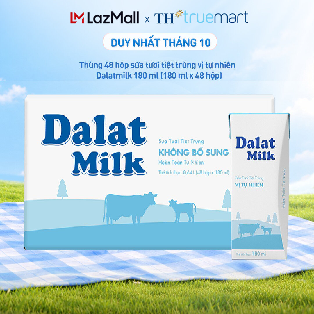 Thùng 48 hộp sữa tươi tiệt trùng Dalatmilk vị tự nhiên 180 ml (180 ml x 48)