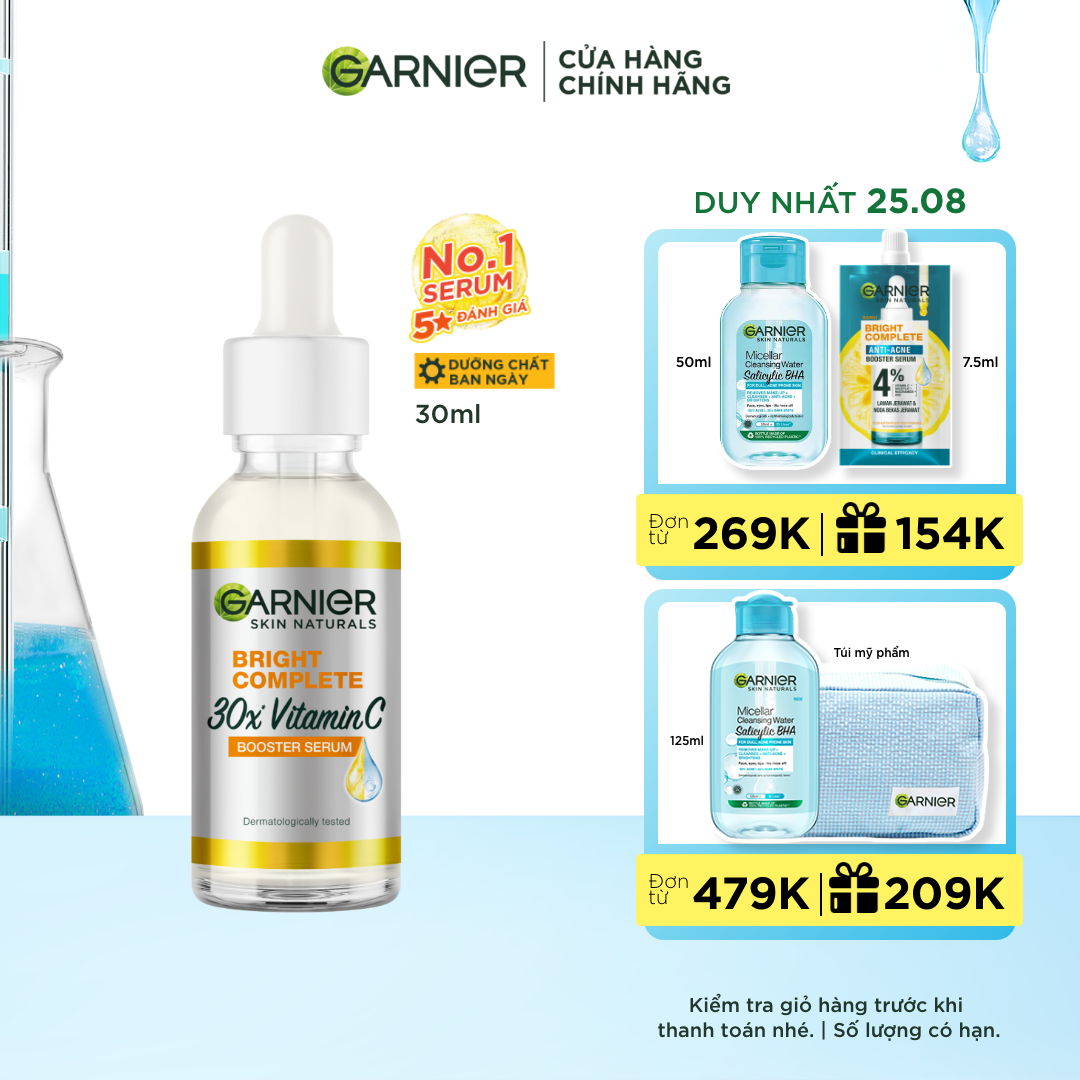 Dưỡng chất ban ngày tăng cường bảo vệ da & dưỡng sáng Garnier Vitamin C + Niacinamide  - Garnier Bright Complete 30x Booster Serum 30ml