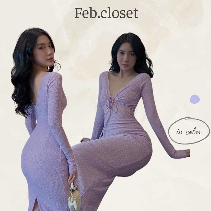 Đầm váy body màu tím pastel xẻ sau nhún ngực tay dài, dáng dài sexy cá tính, hàng hotgirl, hàng thiết kế