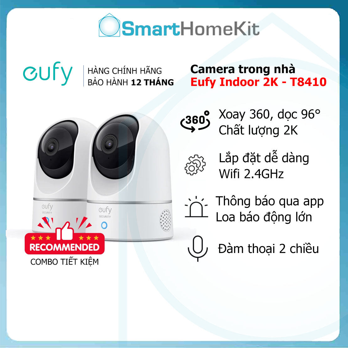 Combo 2 camera xoay 360 độ eufy indoor cam 2k pan & tilt t8410 p24 hàng chính hãng - thiết kế nhỏ gọn, chất lượng hình ảnh 2k sắc nét, sống động